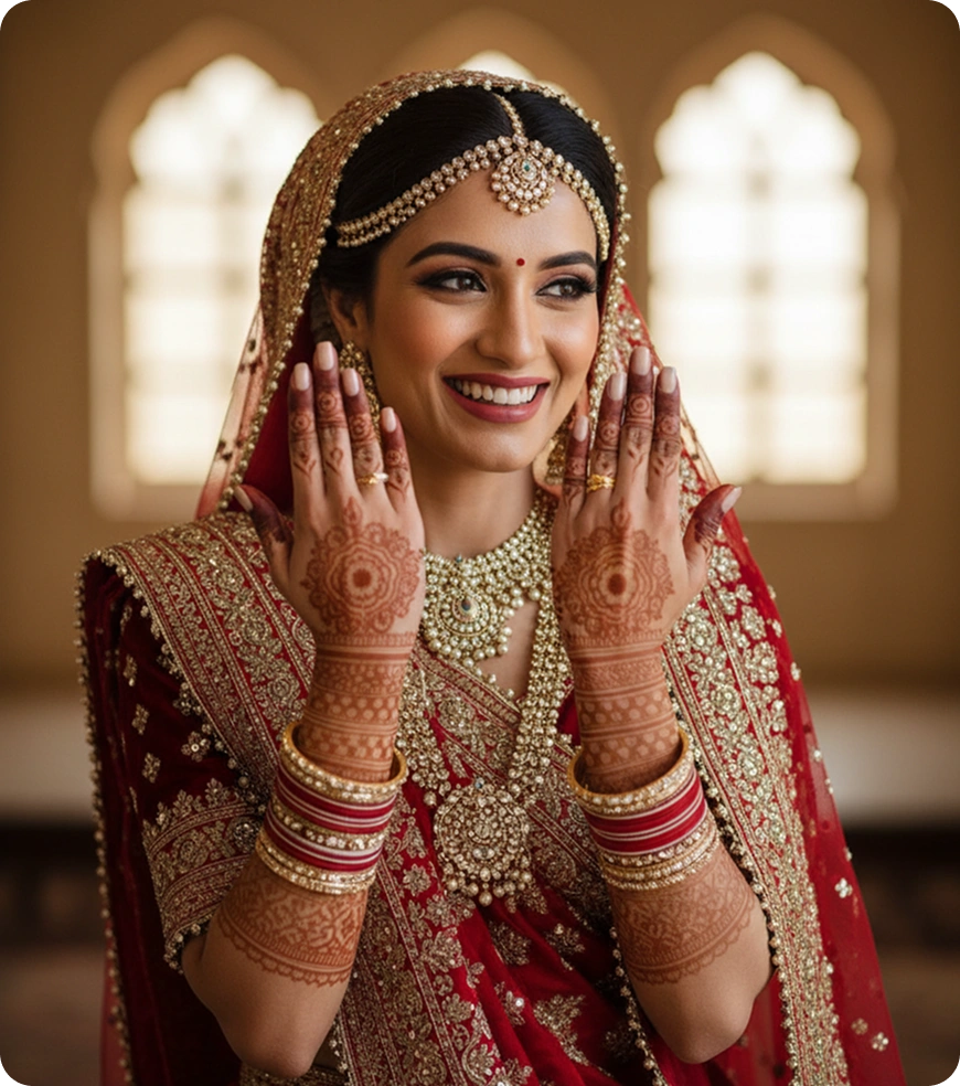 Bride in red attire with henna hands.